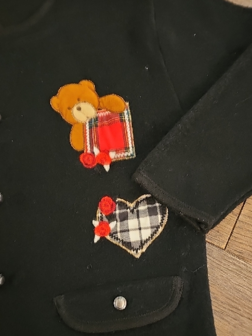VINTAGE Black Teddy Bear Appliqué Cardigan Jacket with Plaid Accents - Picture 3 of 6
